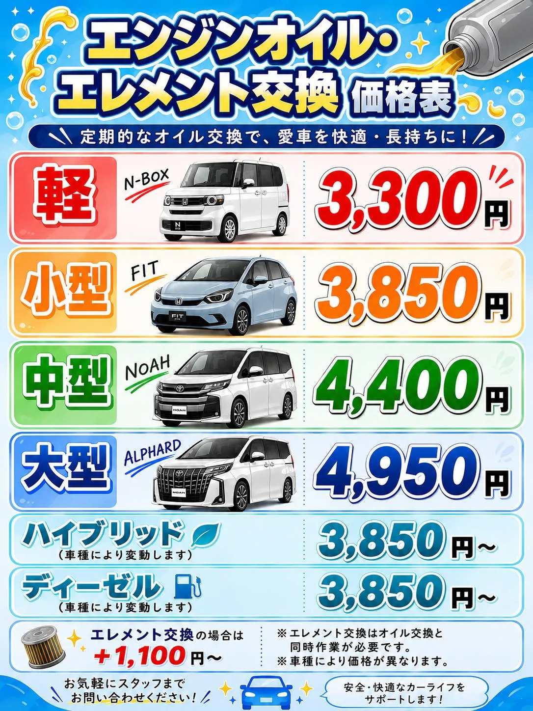 いまり整備センターのエンジンオイル・オイルエレメント交換価格表