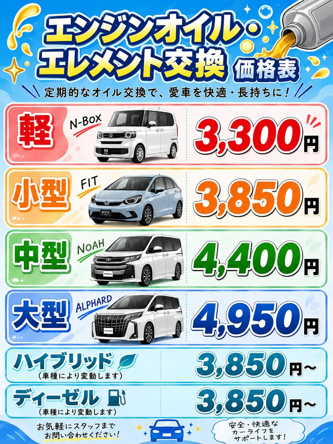 いまり整備センターのエンジンオイル・オイルエレメント交換価格表